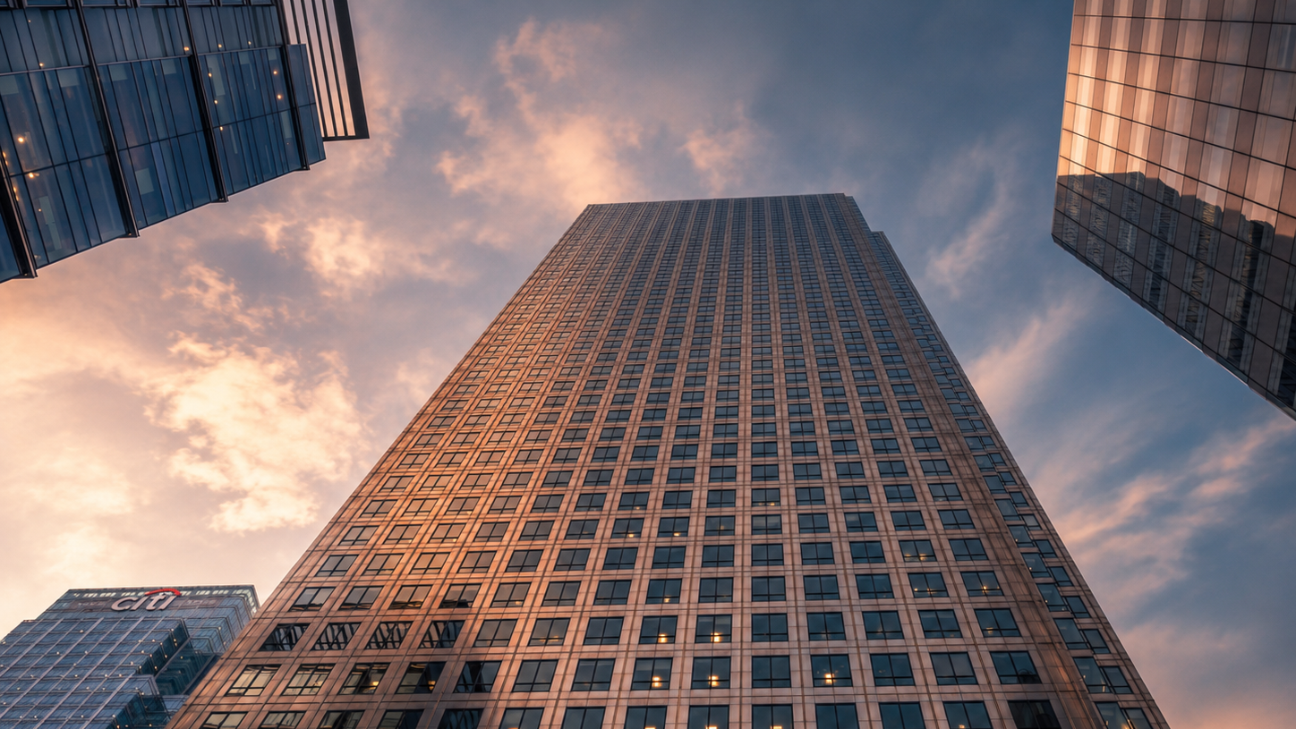 Canary Wharf tower rising against a warm sunset sky — architectural confidence, the environment behind Factr